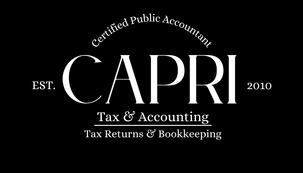 Capri Tax & Accounting logo with black background and white text